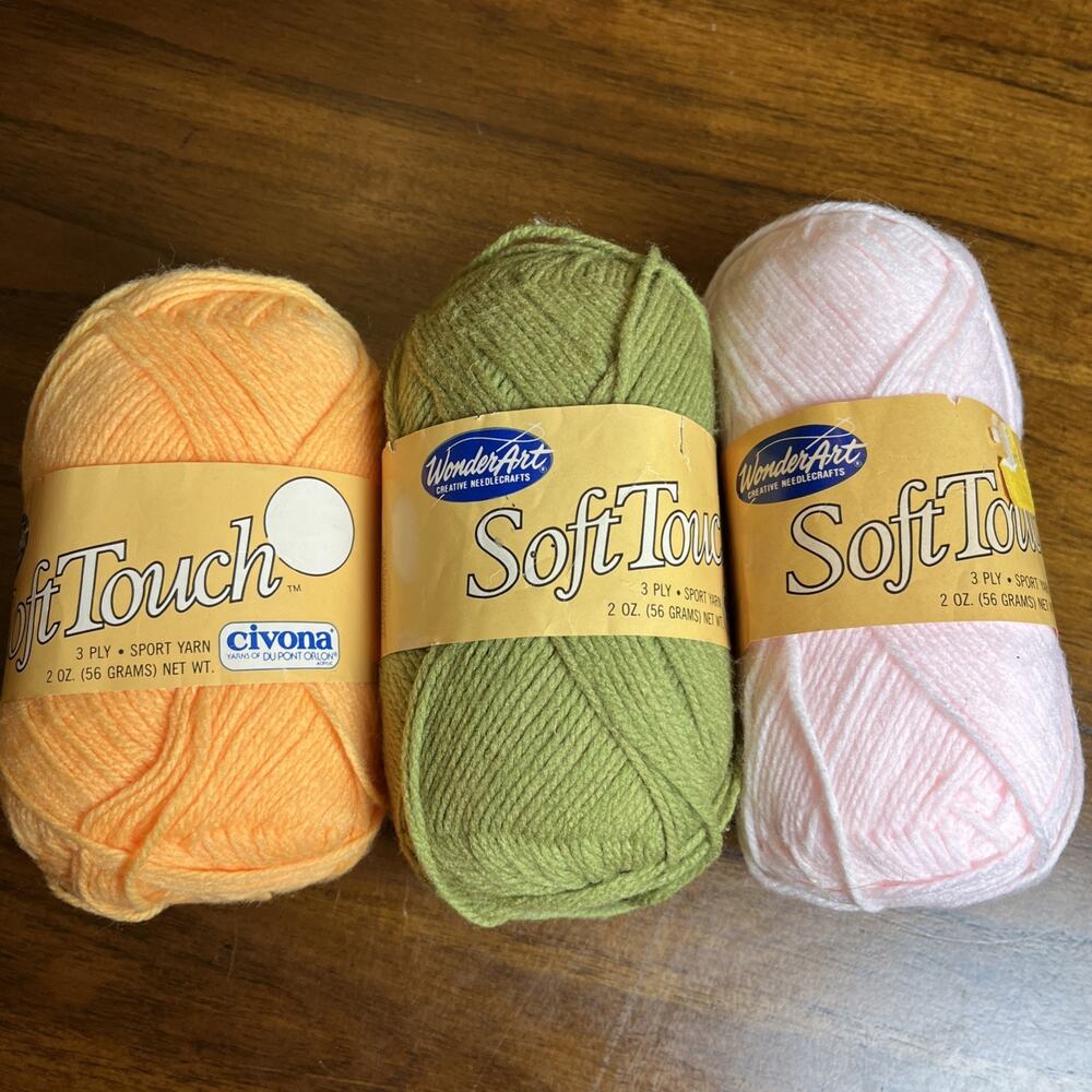 Vintage WonderArt Soft Touch Yarn Lot 3 Ply Sport 2oz, 1 Pink 1.5 Green 1 Orange
